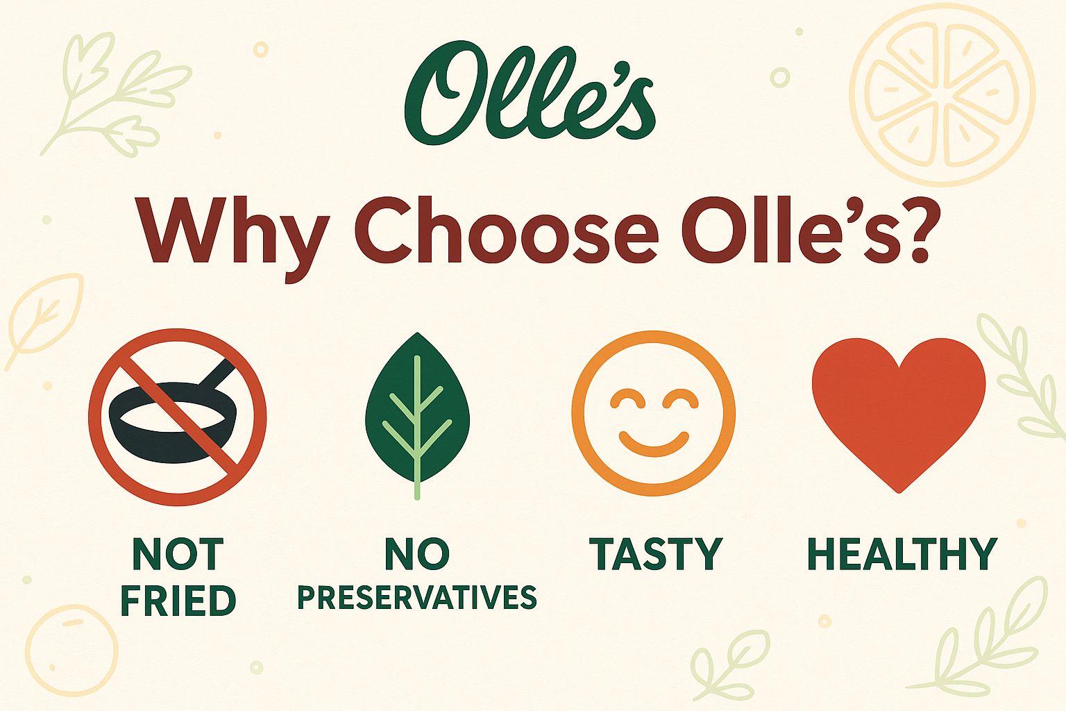 image to say why to choose Olles
and it should have icons to say about not fried, no preservatives
tasty, healthy
